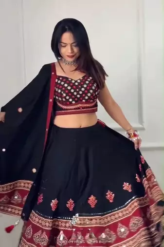 black rayon printed mirror work circular lehenga Lehenga Choli for Navratri- free size