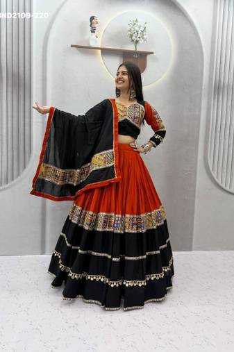 black printed cotton-poly mirror work circular lehenga choli