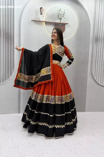 black printed cotton-poly mirror work circular lehenga choli