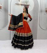 black cotton-poly printed mirror work circular lehenga Lehenga Choli for Navratri