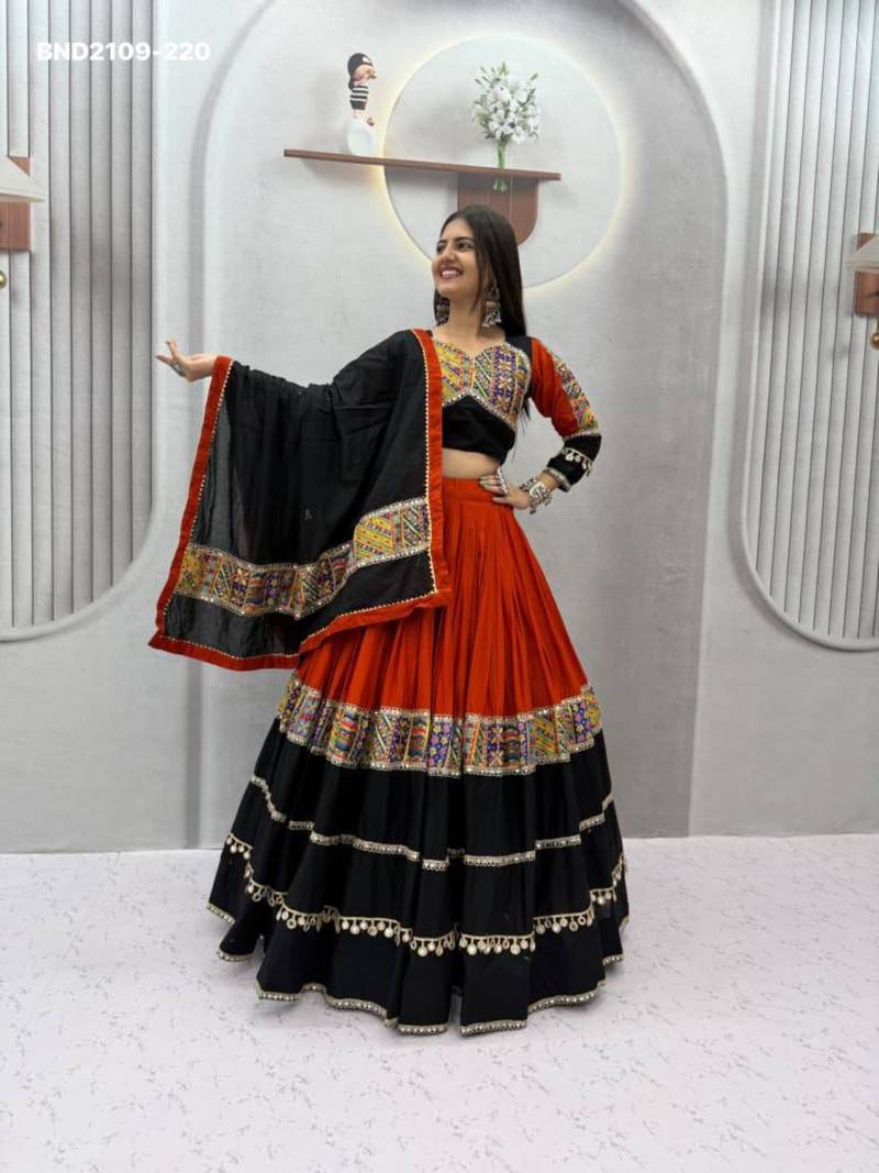 black cotton-poly printed mirror work circular lehenga Lehenga Choli for Navratri
