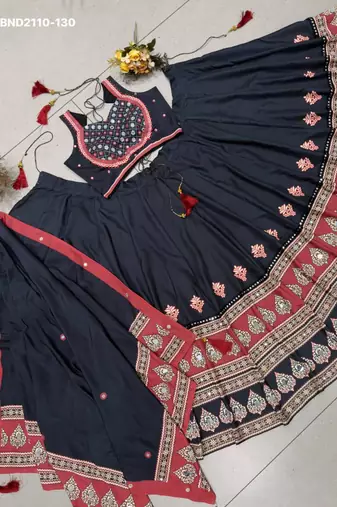 black rayon printed mirror work circular lehenga Lehenga Choli for Navratri- free size