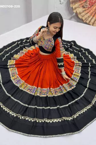 black printed cotton-poly mirror work circular lehenga choli