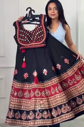 black rayon printed mirror work circular lehenga Lehenga Choli for Navratri- free size