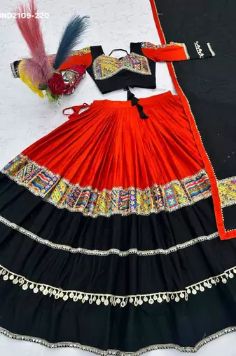 black printed cotton-poly mirror work circular lehenga choli