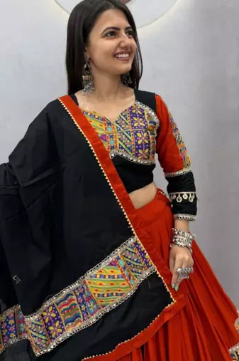 black printed cotton-poly mirror work circular lehenga choli