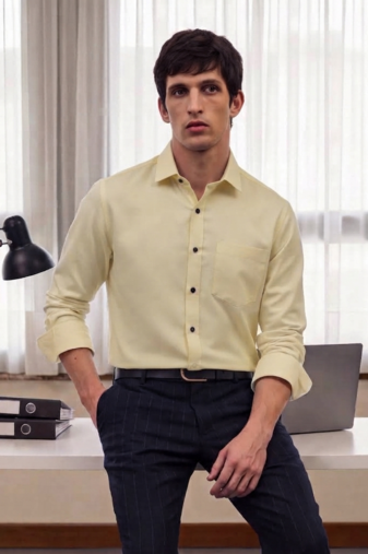 Men's Plain Cream Color Spread Collar Cotton Blended Casual Wear Shirt