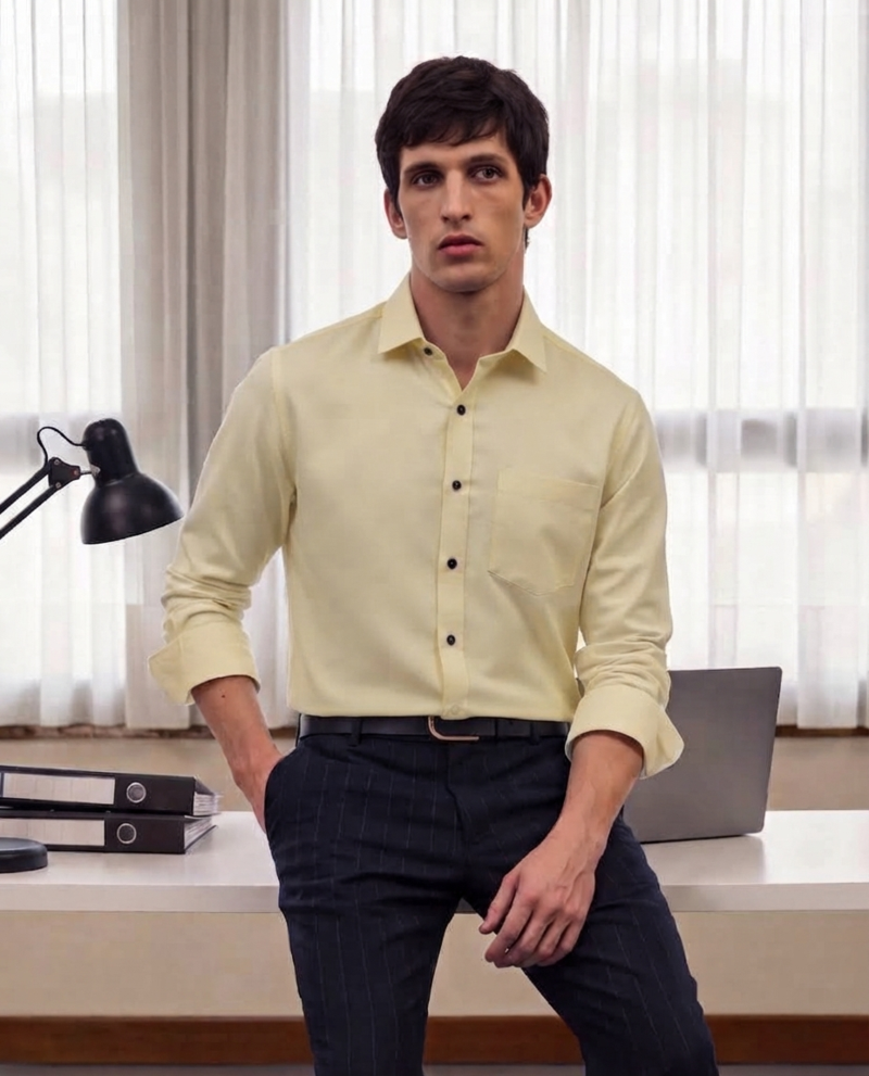 Men's Plain Cream Color Spread Collar Cotton Blended Casual Wear Shirt