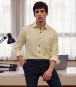 Men's Plain Cream Color Spread Collar Cotton Blended Casual Wear Shirt