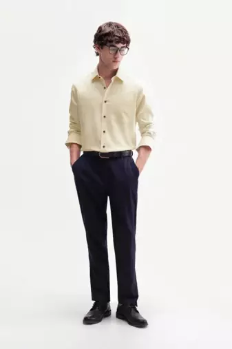 Men's Plain Cream Color Spread Collar Cotton Blended Casual Wear Shirt