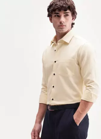 Men's Plain Cream Color Spread Collar Cotton Blended Casual Wear Shirt