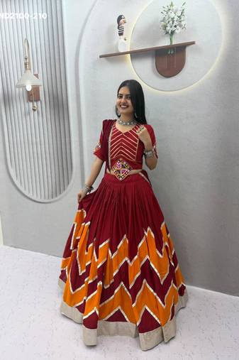 maroon cotton-poly printed mirror work circular lehenga Lehenga Choli for Navratri