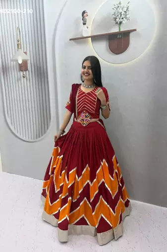 maroon printed cotton poly mirror work circular lehenga choli