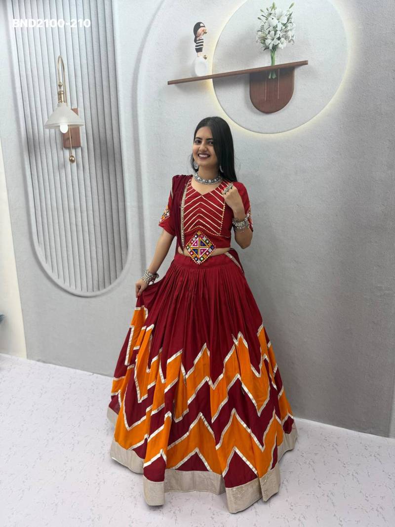 maroon cotton-poly printed mirror work circular lehenga Lehenga Choli for Navratri