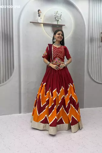 maroon printed cotton poly mirror work circular lehenga choli