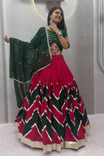 rani pink cotton-poly printed mirror work circular lehenga Lehenga Choli for Navratri