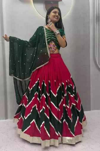 rani pink printed cotton poly mirror work circular lehenga choli