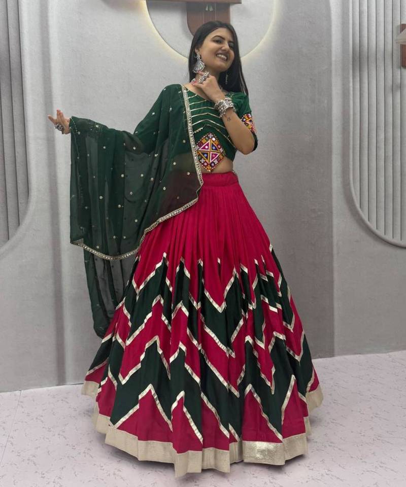 rani pink cotton-poly printed mirror work circular lehenga Lehenga Choli for Navratri