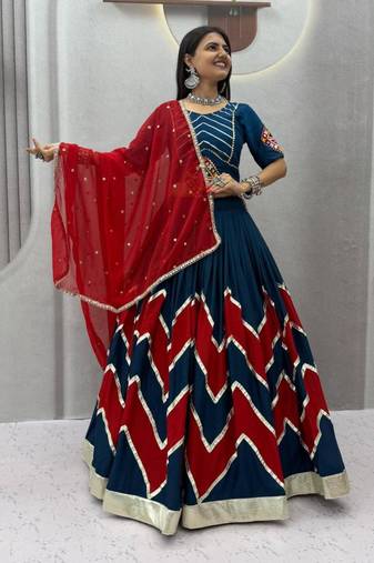 dark blue cotton-poly printed zari work circular lehenga Lehenga Choli for Navratri