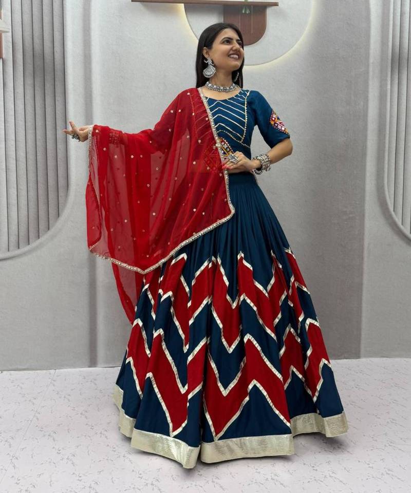 dark blue cotton-poly printed zari work circular lehenga Lehenga Choli for Navratri