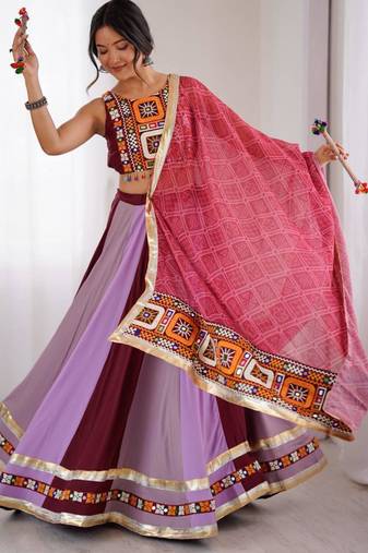 light purple embroidered rayon circular lehenga choli