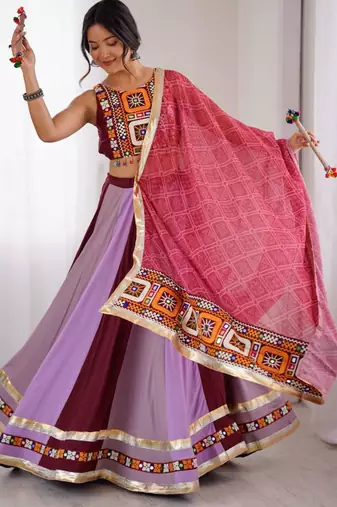 light purple rayon embroidered mirror work circular lehenga Lehenga Choli for Navratri - full stitched free size