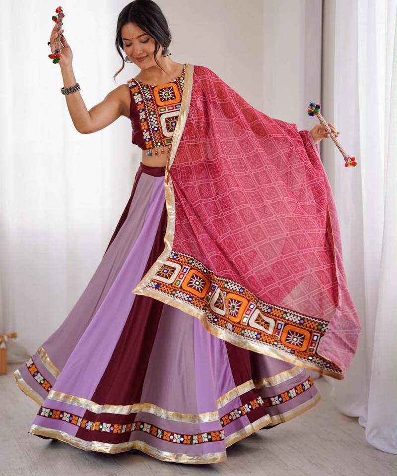 light purple rayon embroidered mirror work circular lehenga Lehenga Choli for Navratri - full stitched free size