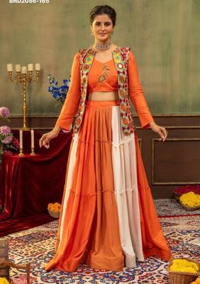 orange rayon plain mirror work a line lehenga Lehenga Choli for Navratri - full stitched free size 1