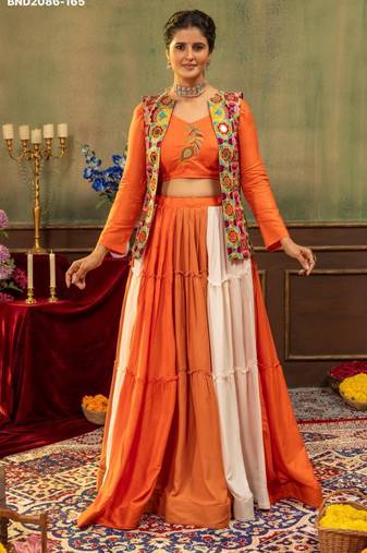 orange rayon plain mirror work a line lehenga Lehenga Choli for Navratri - full stitched free size
