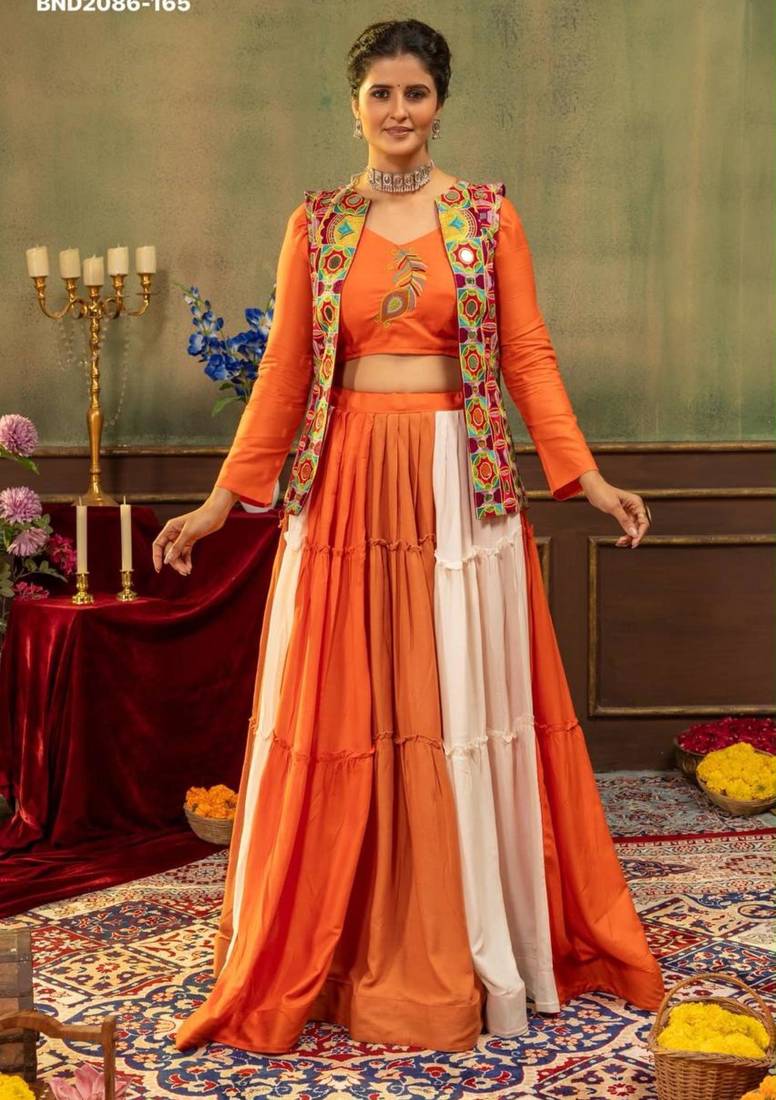 orange rayon plain mirror work a line lehenga Lehenga Choli for Navratri - full stitched free size