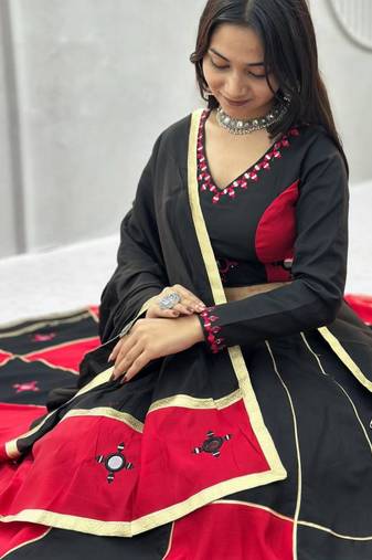 black cotton-poly embroidered mirror work circular lehenga Lehenga Choli for Navratri
