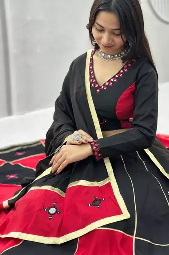 black cotton-poly embroidered mirror work circular lehenga Lehenga Choli for Navratri