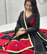 black cotton-poly embroidered mirror work circular lehenga Lehenga Choli for Navratri
