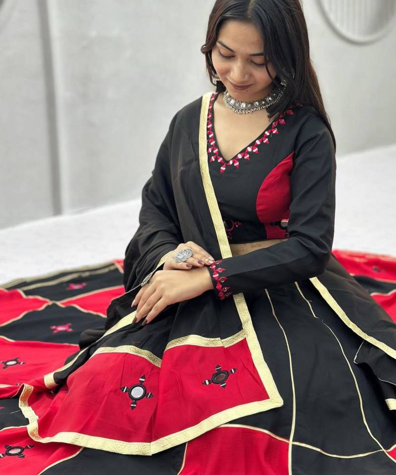 black cotton-poly embroidered mirror work circular lehenga Lehenga Choli for Navratri