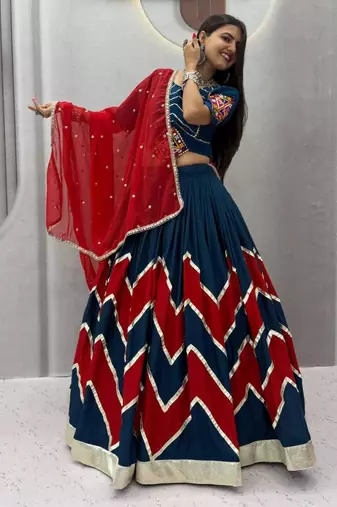 dark blue printed cotton poly zari work circular lehenga choli