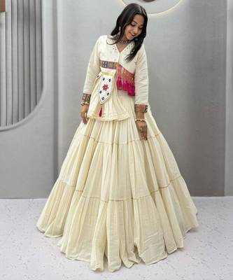 off white cotton-poly plain hand embroidery circular lehenga Lehenga Choli for Navratri 1