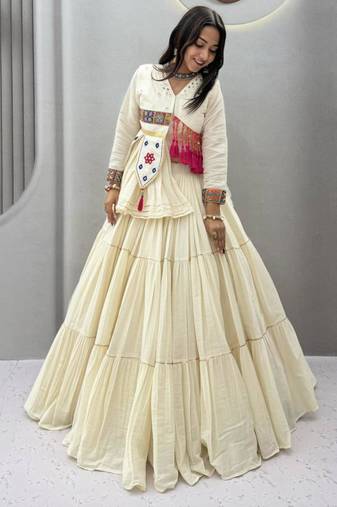off white hand embroidery cotton poly navratri lehenga choli