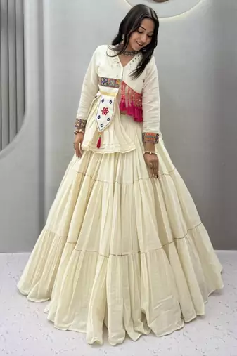 off white cotton-poly plain hand embroidery circular lehenga Lehenga Choli for Navratri