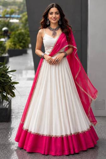 white mirror work cotton-poly plain circular lehenga choli