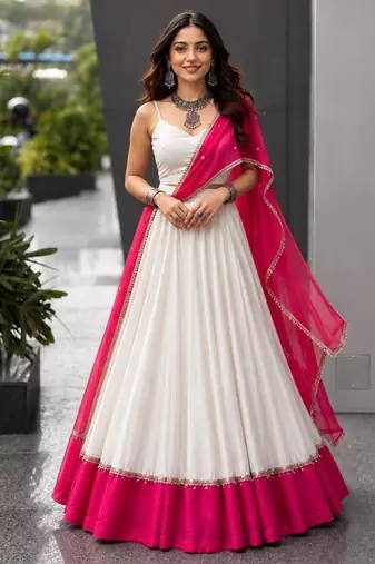 white mirror work cotton-poly plain circular lehenga choli