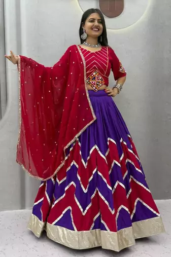 purple printed cotton-poly zari work circular lehenga choli