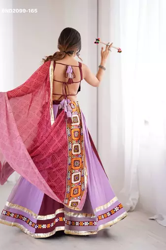 light purple rayon embroidered mirror work circular lehenga Lehenga Choli for Navratri - full stitched free size