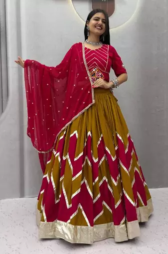 dark mustard printed rayon mirror work circular lehenga choli