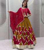 dark mustard rayon printed mirror work circular lehenga Lehenga Choli for Navratri