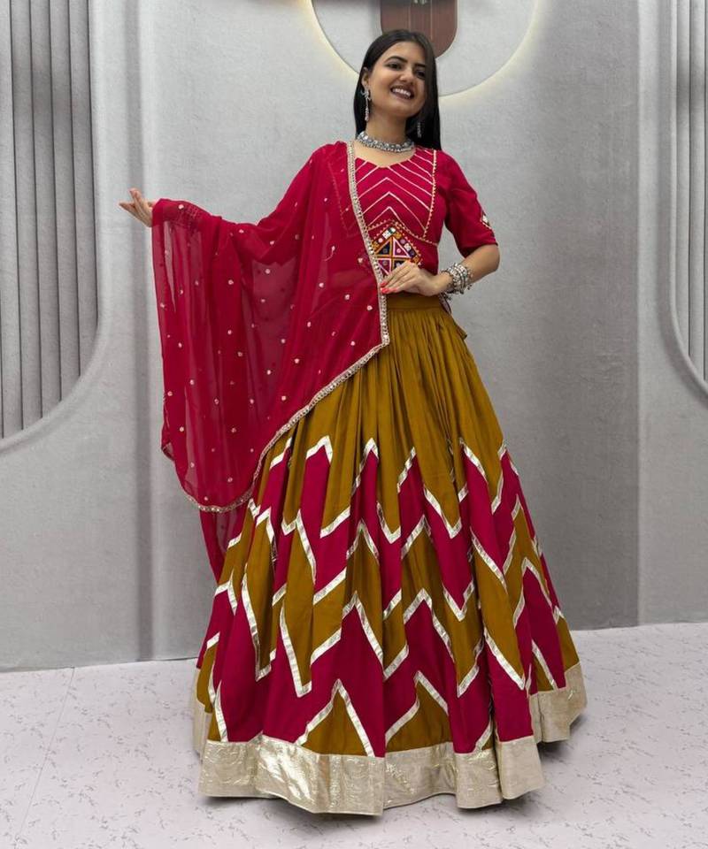 dark mustard rayon printed mirror work circular lehenga Lehenga Choli for Navratri