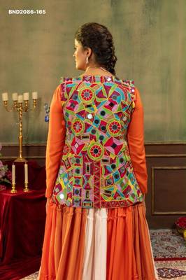 orange rayon plain mirror work a line lehenga Lehenga Choli for Navratri - full stitched free size 2