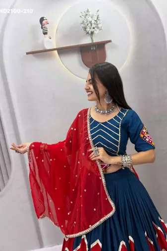 dark blue printed cotton poly zari work circular lehenga choli