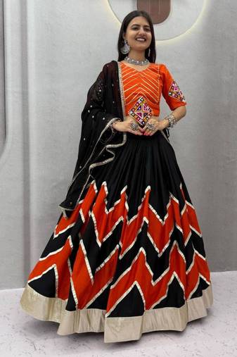 black printed cotton-poly mirror work circular lehenga choli