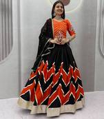 black cotton-poly printed mirror work circular lehenga Lehenga Choli for Navratri