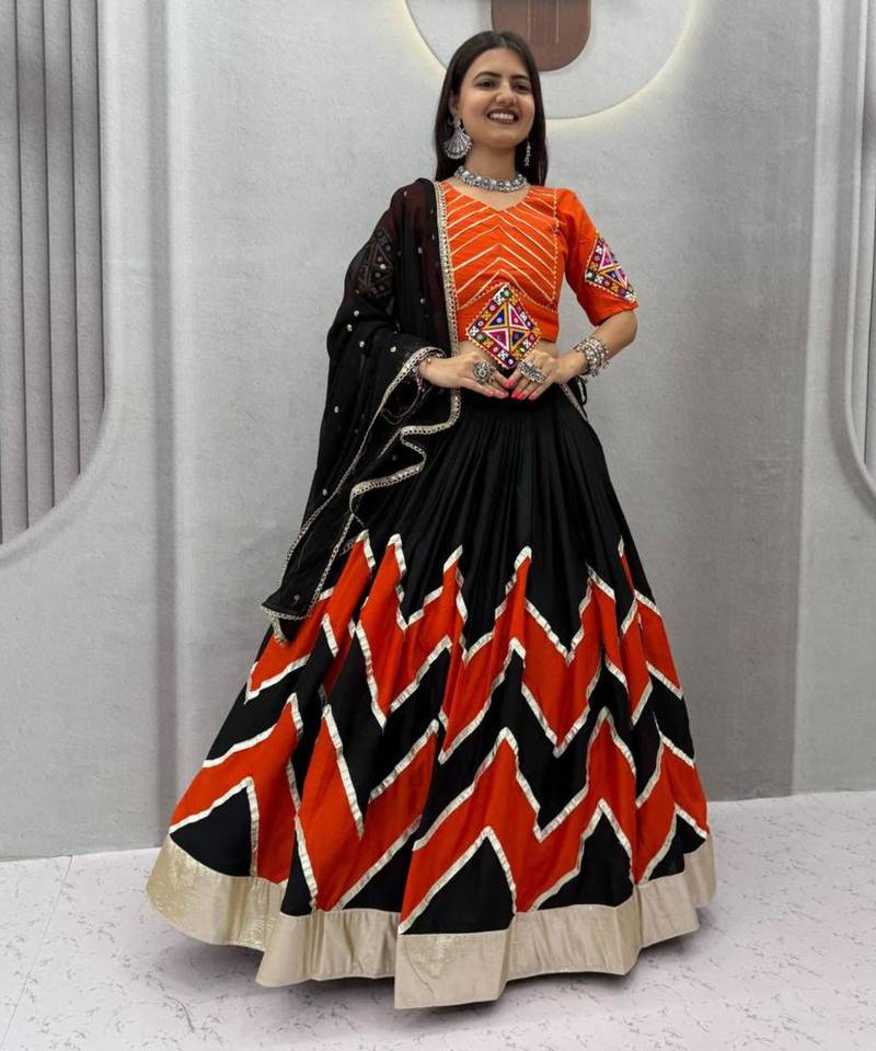 black cotton-poly printed mirror work circular lehenga Lehenga Choli for Navratri